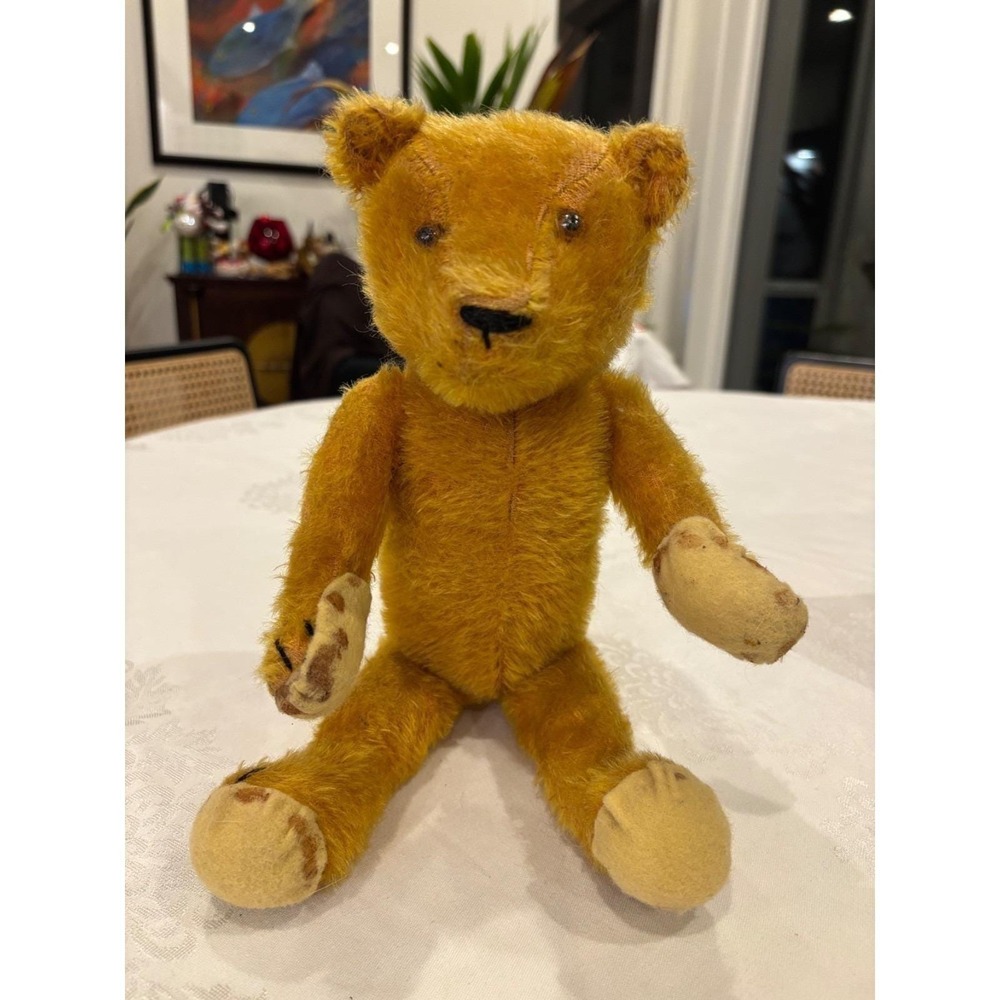 ANTIQUE 1920s gold MOHAIR Glass EYES 5 way Jointed TEDDY BEAR 15" straw filled